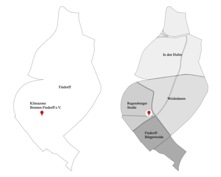 Abb. 1: Stadtteil Findorff mit seinen vier Ortsteilen und dem Standort des Vereins Klimazone Bremen-Findorff e.V., eigene Darstellung
