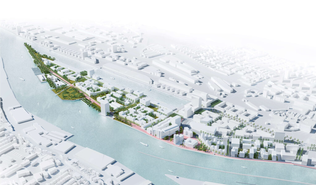 Abb. 2: Visualisierung der städtebaulichen Gesamtplanung der Überseeinsel mit dem Kellogg-Areal rechts im Bild am Wasser gelegen. Quelle/©: ueberseeinsel.de